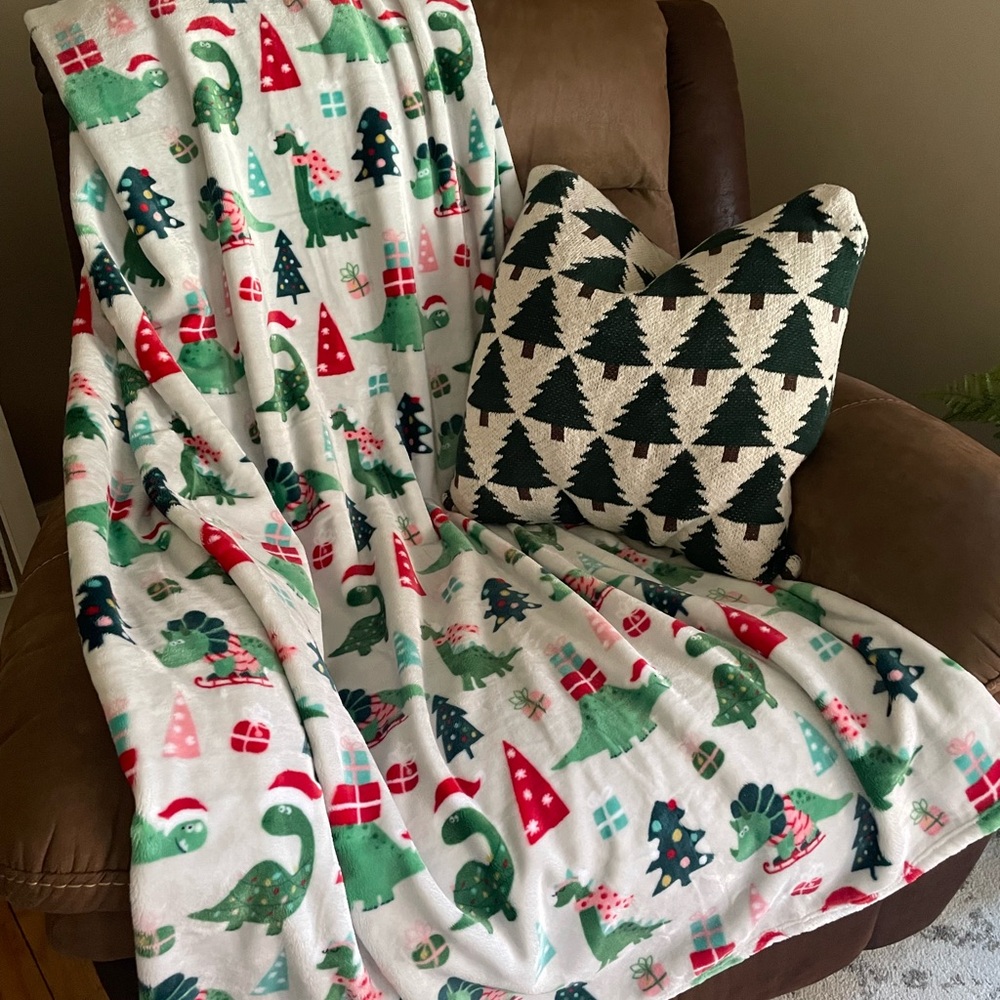 Festive Dinosaur Holiday Throw Blanket